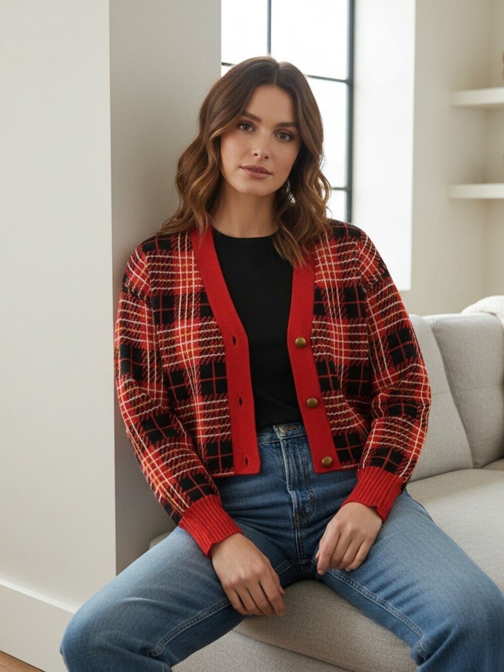 Lovers + Friends Brantley Cropped Plaid Cardigan XS — Red/Black Gold Buttons - Picture 2 of 14